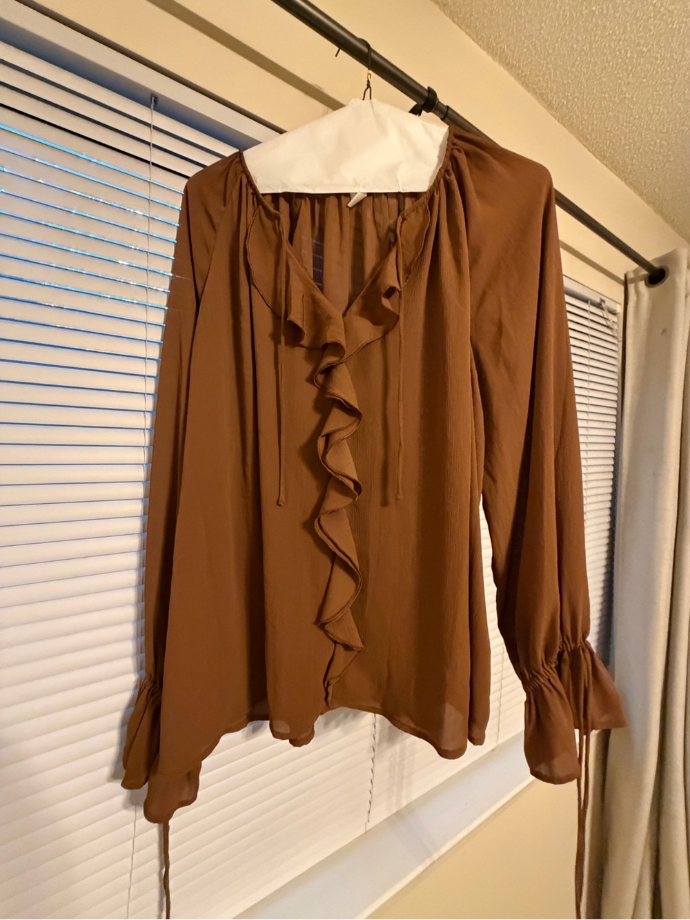 H&M Brown Ruffle Tie-Neck Blouse NWOT